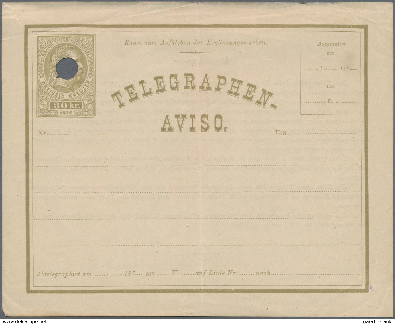 Österreich - Ganzsachen: 1876, Zwei Ungebrauchte Telegraphen-Aviso Jeweils 30 Kr. Oliv, Einmal Mit L - Other & Unclassified