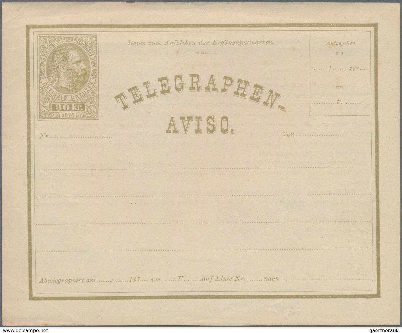 Österreich - Ganzsachen: 1876, Zwei Ungebrauchte Telegraphen-Aviso Jeweils 30 Kr. Oliv, Einmal Mit L - Other & Unclassified