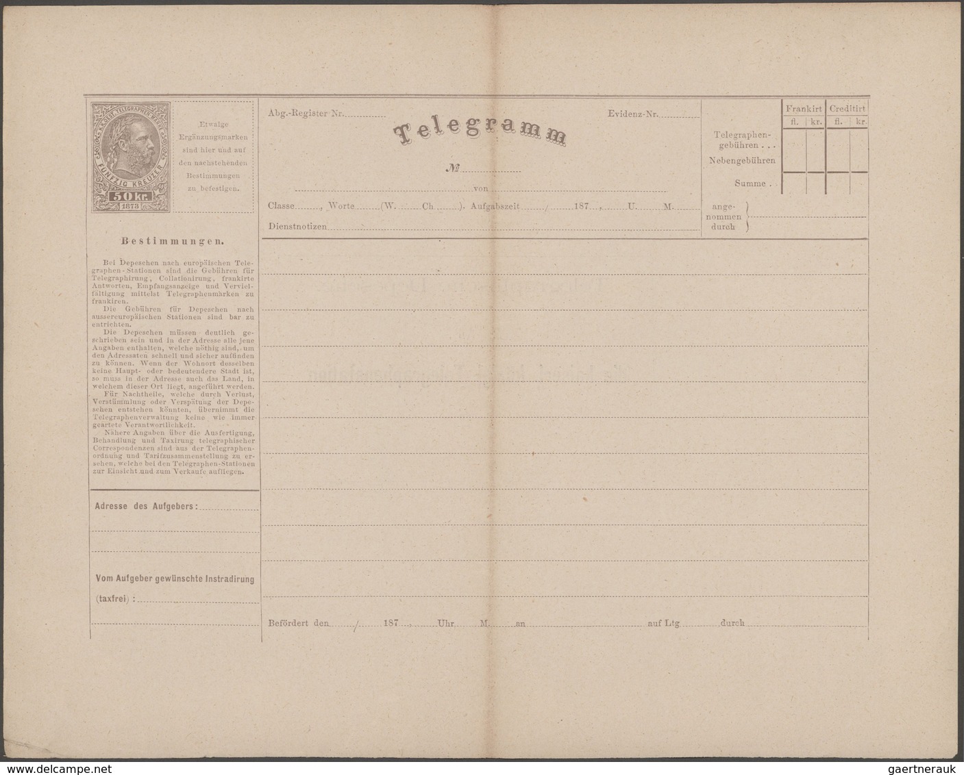 Österreich - Ganzsachen: 1878, Ungebrauchtes Telegrammblatt 50 Kr. Lilagrau Mit Trennung Zwischen Te - Sonstige & Ohne Zuordnung