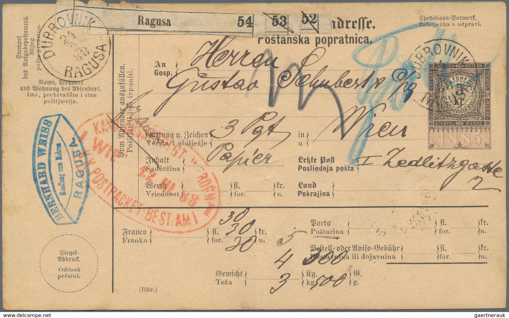 Österreich - Ganzsachen: 1885, Gebrauchte Postbegleitadresse Mit 5 Kr. Gebührenmarke Schwarz Auf Ros - Other & Unclassified