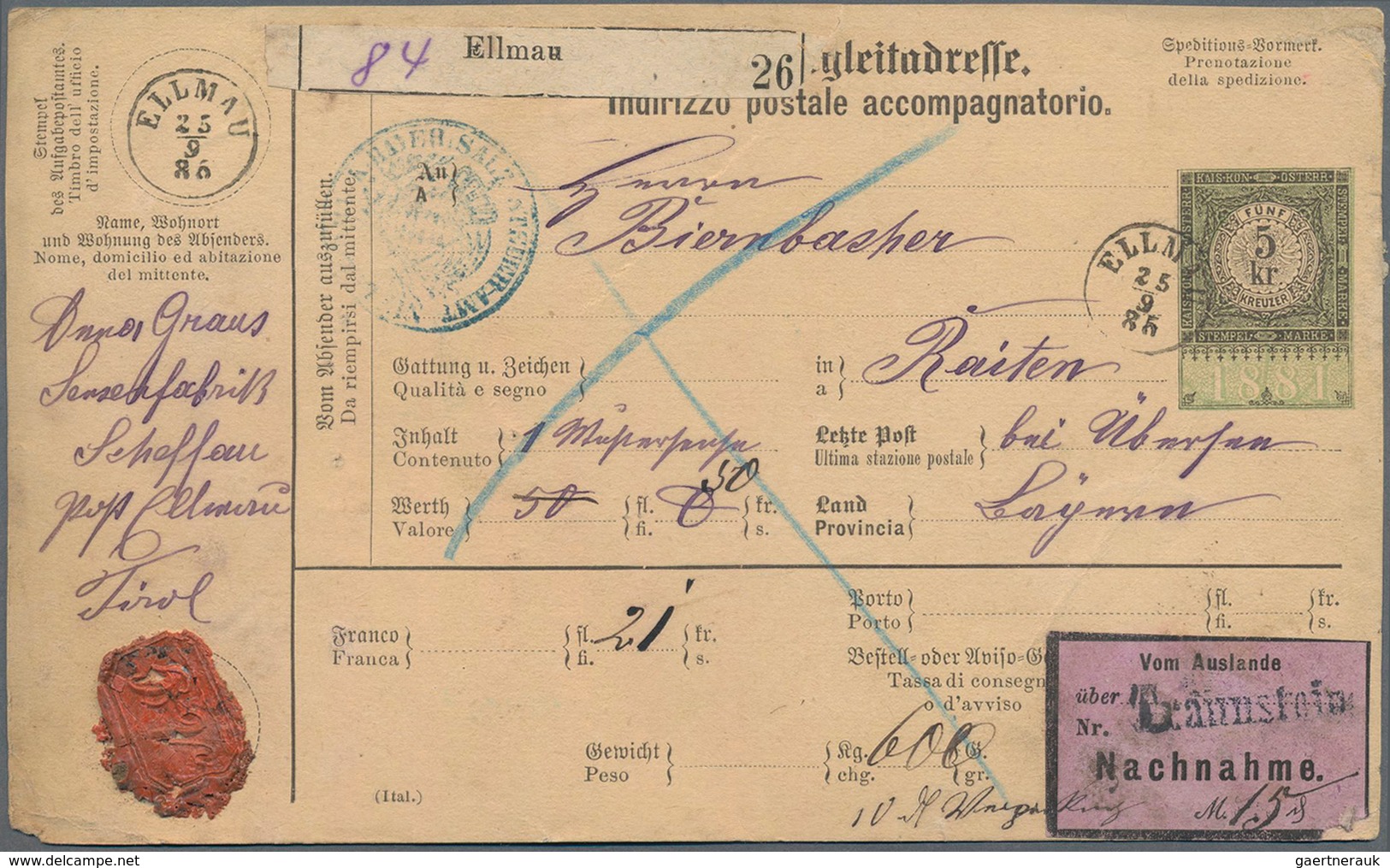 Österreich - Ganzsachen: 1885 Commercially Used Postal Stationery Parcelcard In Two Languages (Germa - Sonstige & Ohne Zuordnung
