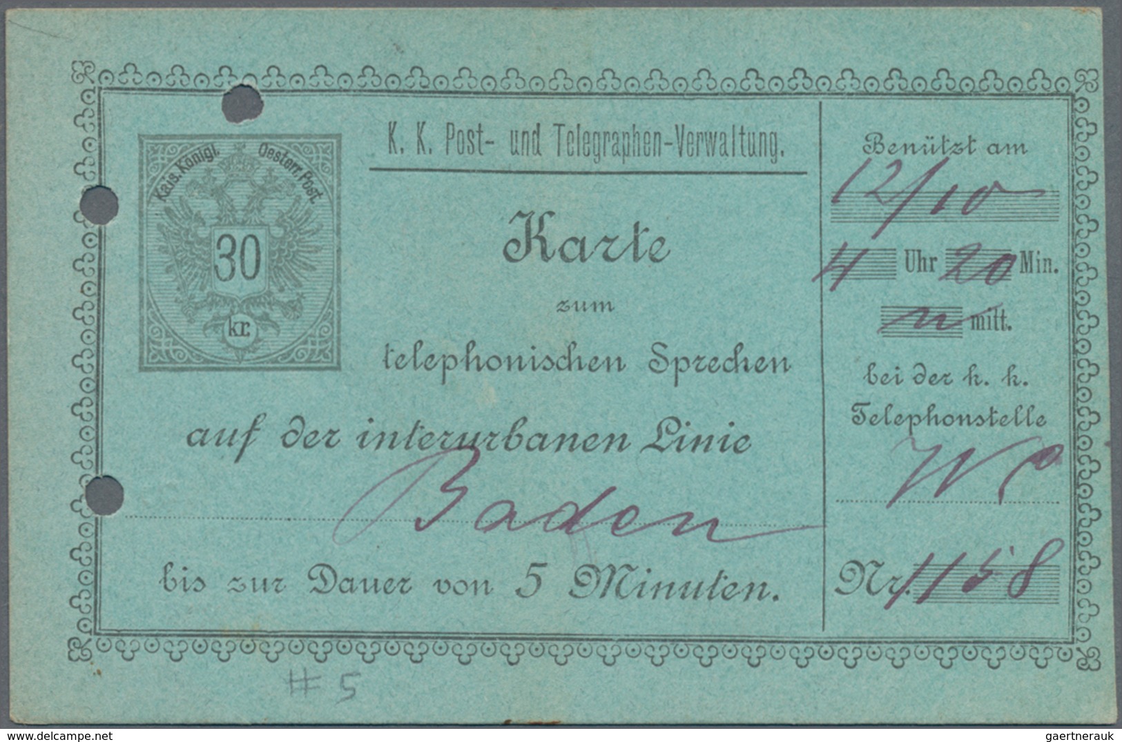 Österreich - Ganzsachen: 1888/89, Drei Gebrauchte Telefonsprechkarten 1 Fl Violett Auf Weiß, 20 Kr. - Other & Unclassified