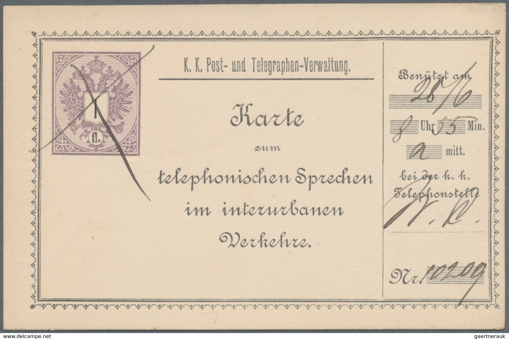 Österreich - Ganzsachen: 1888/89, Drei Gebrauchte Telefonsprechkarten 1 Fl Violett Auf Weiß, 20 Kr. - Otros & Sin Clasificación