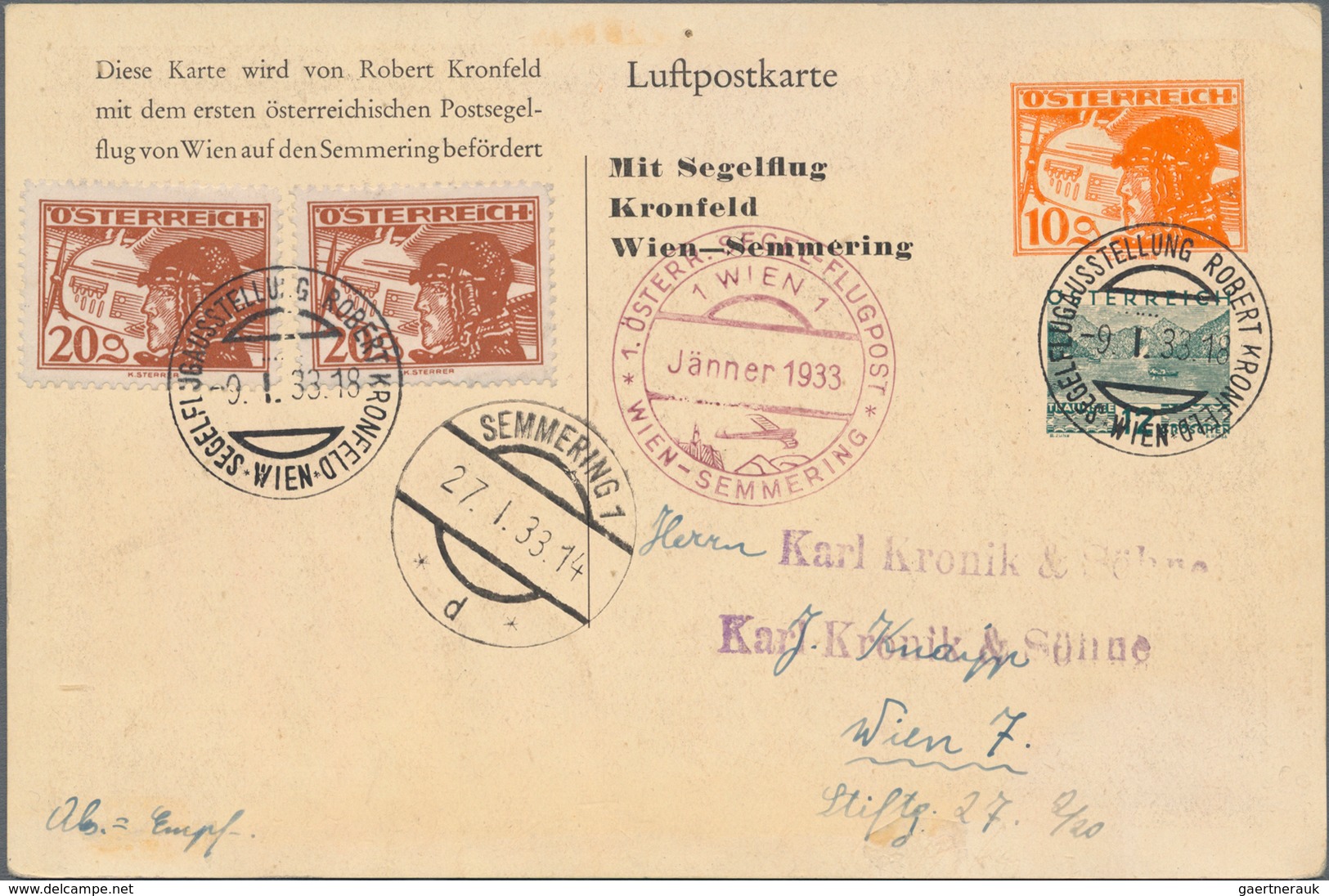 Österreich - Privatganzsachen: 1933, Zwei Private Gebrauchte Luftpostganzsachenkarten 10g Orange übe - Other & Unclassified