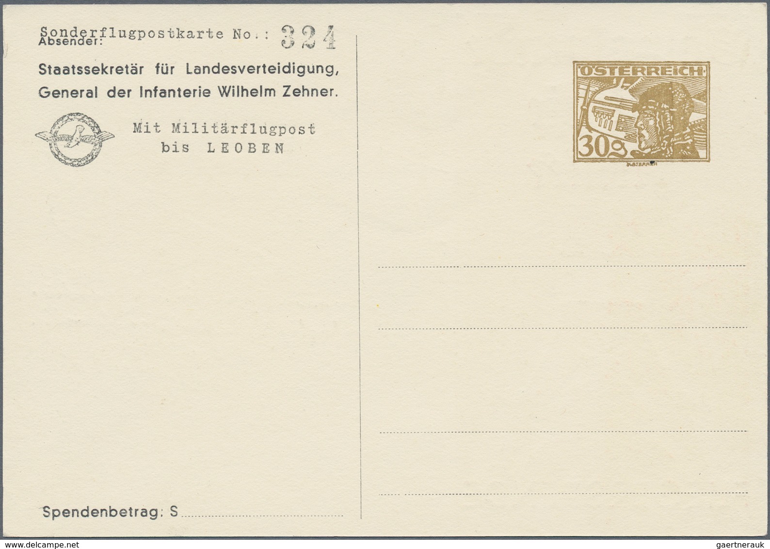 Österreich - Privatganzsachen: 1937, Fliegerspendenkarte Mit Wertstempel 30 Gr. Pilotenkopf Für 'Mil - Sonstige & Ohne Zuordnung