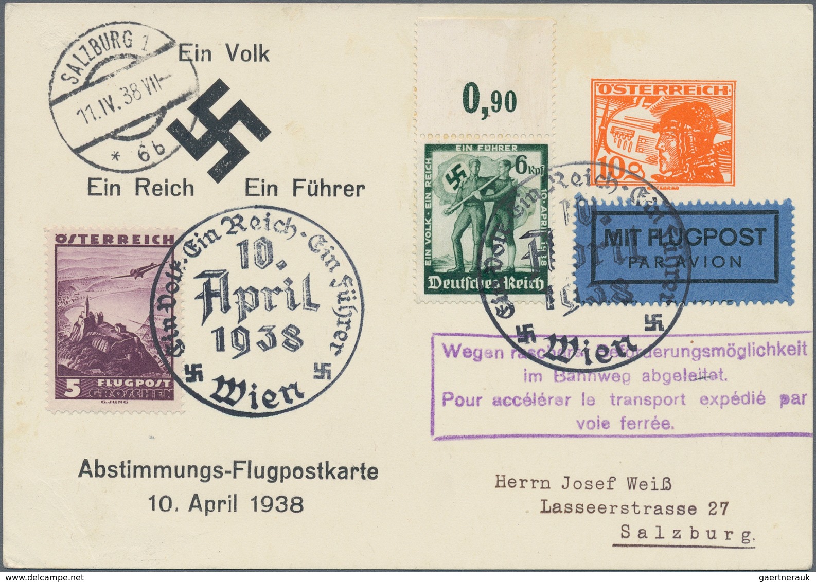 Österreich - Privatganzsachen: 1938 (10.4.), Abstimmungs-Flugpostkarte Mit Wertstempel 10 Gr. Pilote - Sonstige & Ohne Zuordnung