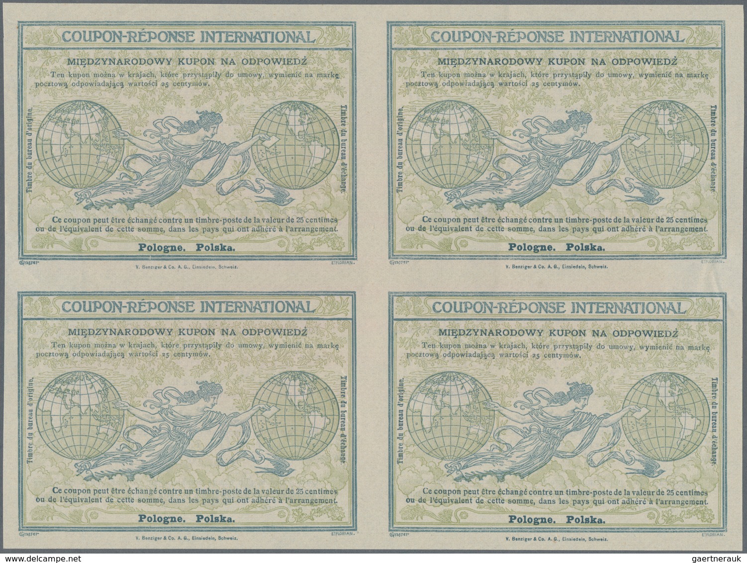 Polen: 1907/1926. International Reply Coupon 25 Centymóv (Rome Type) In An Unused Block Of 4. Hinge - Sonstige & Ohne Zuordnung