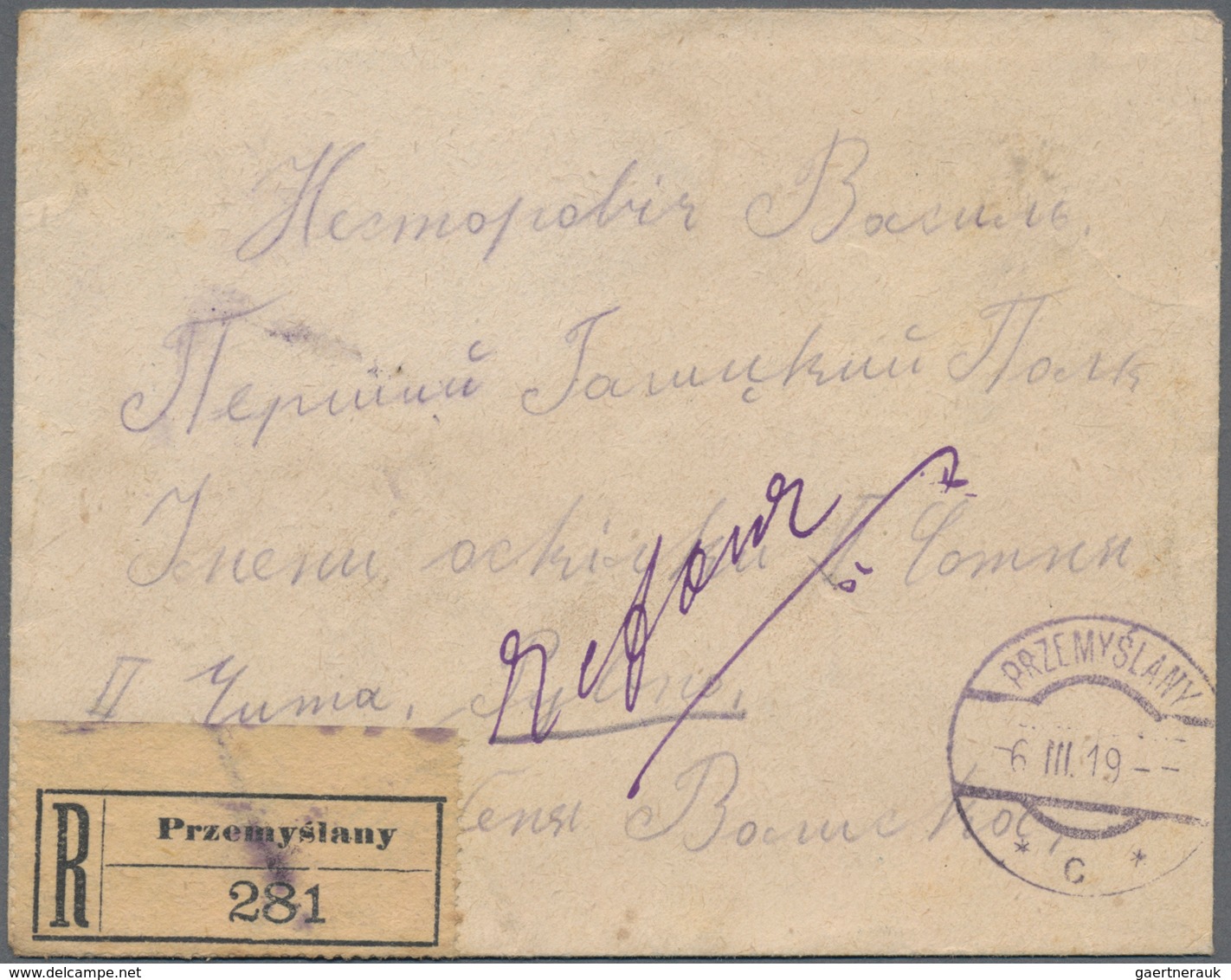 Polen: 1919, 90h. Lilac-carmine, Single Franking On Reverse Of Registered Cover From "PRZEMYSLANY 6. - Sonstige & Ohne Zuordnung