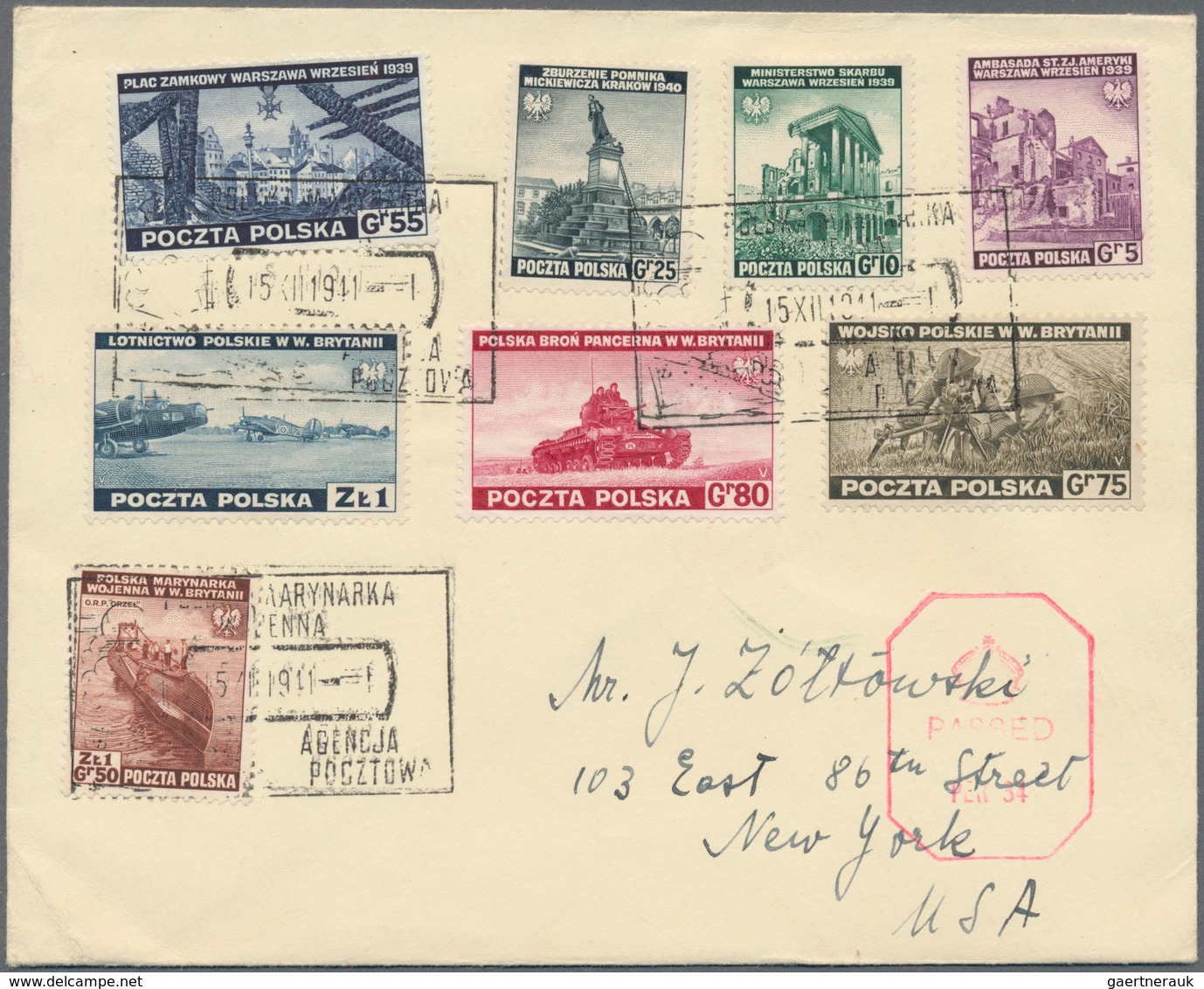 Polen: 1941, 5 Gr Violet To 1,50 Zf Brown Complete Set As First Day Cover To New York - Other & Unclassified