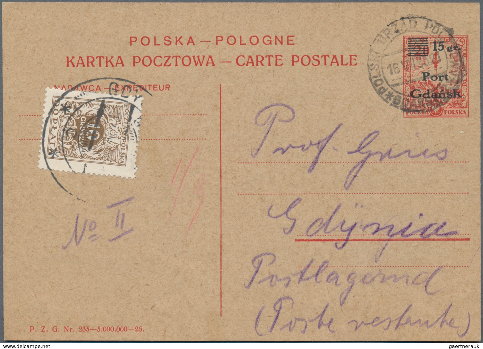 Polen - Post Im Danziger Hafen (Port Gdansk): 1935, Gebrauchte Ganzsachenpostkarte Wst. König-Sigism - Sonstige & Ohne Zuordnung