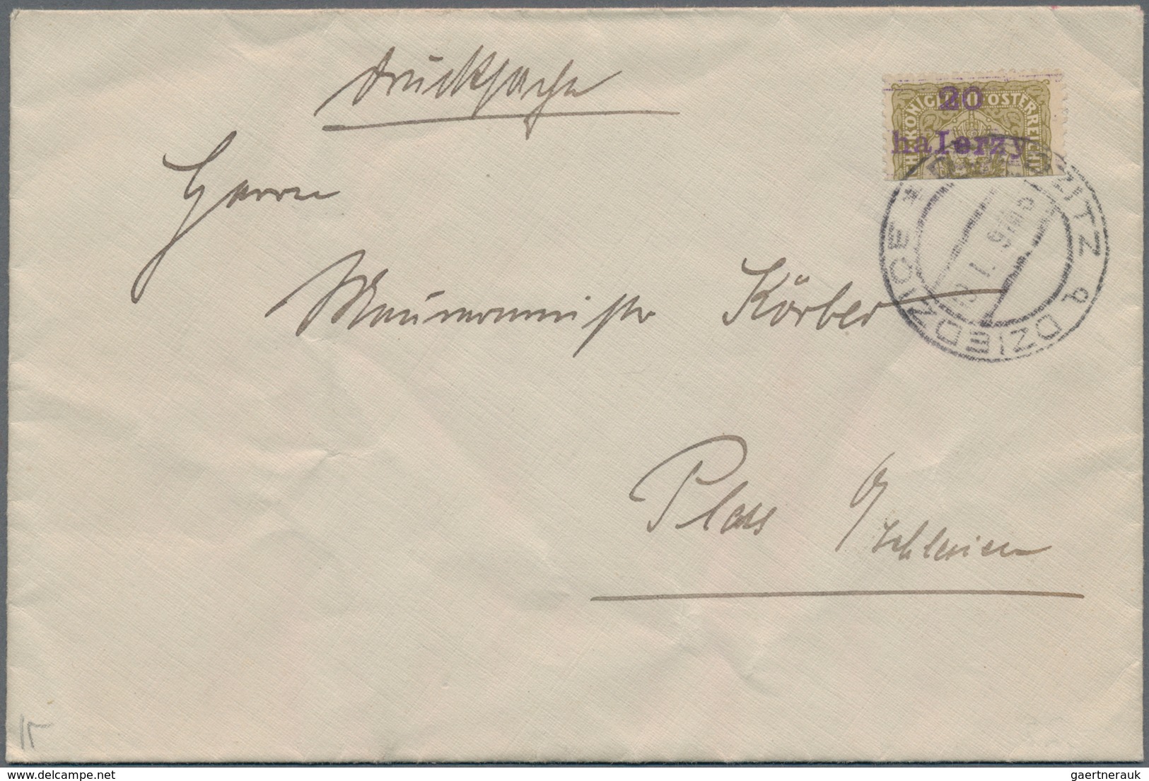 Polen - Lokalausgaben 1915/19: Dziedzitz, 1919, Austria 40 H. Vertical Bisect Surcharged "20/halerzy - Other & Unclassified
