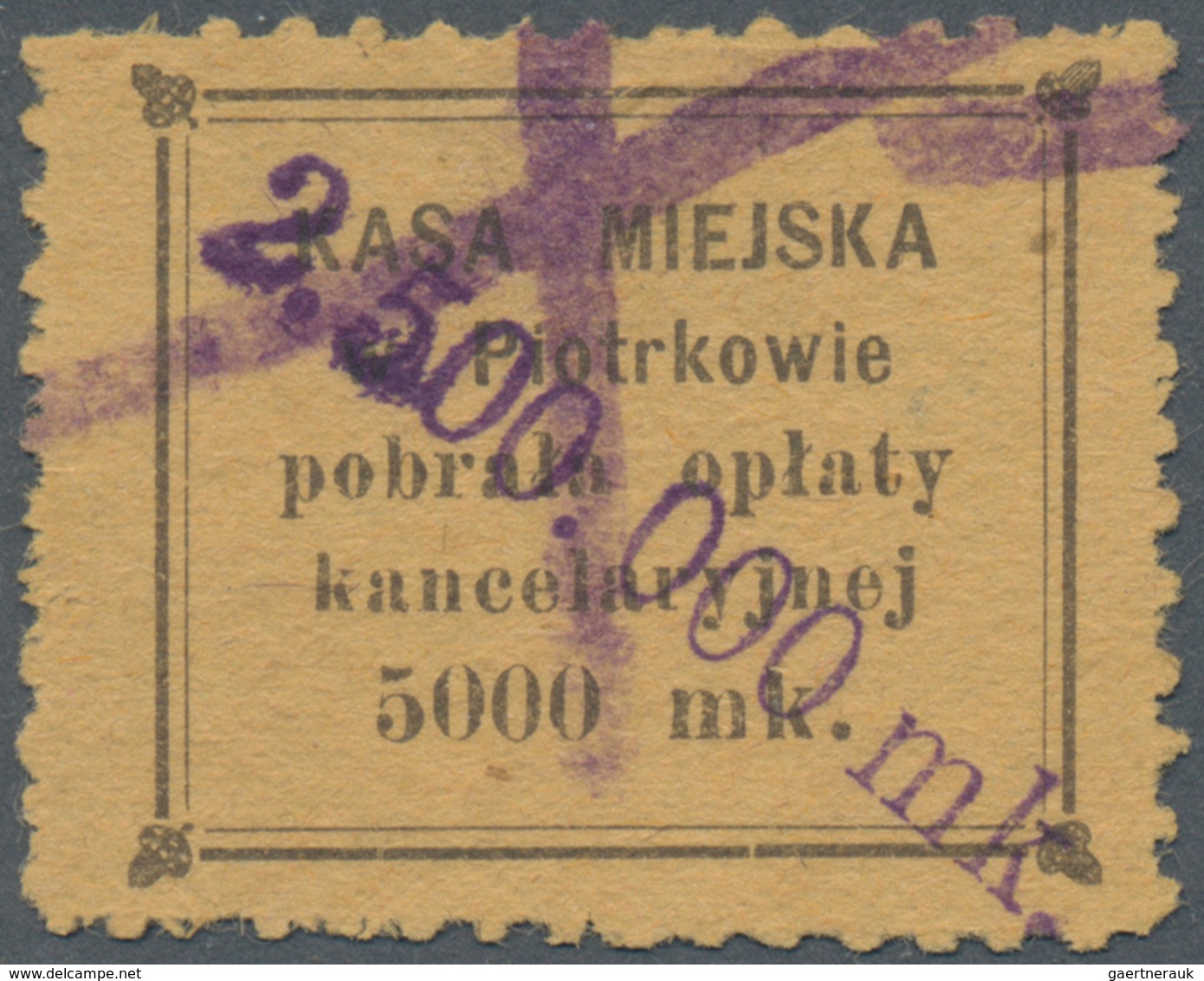 Polen - Lokalausgaben 1915/19: Piotrkow, 1919, 2.500.000.mk/5000 Mk Yellow, Used, Thin Point. - Sonstige & Ohne Zuordnung
