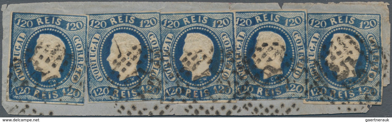 Portugal: 1866, Luis 120r. Blue, Five Copies Of Deep Intense Colour, Cut To Shape, Attractive 600r. - Sonstige & Ohne Zuordnung