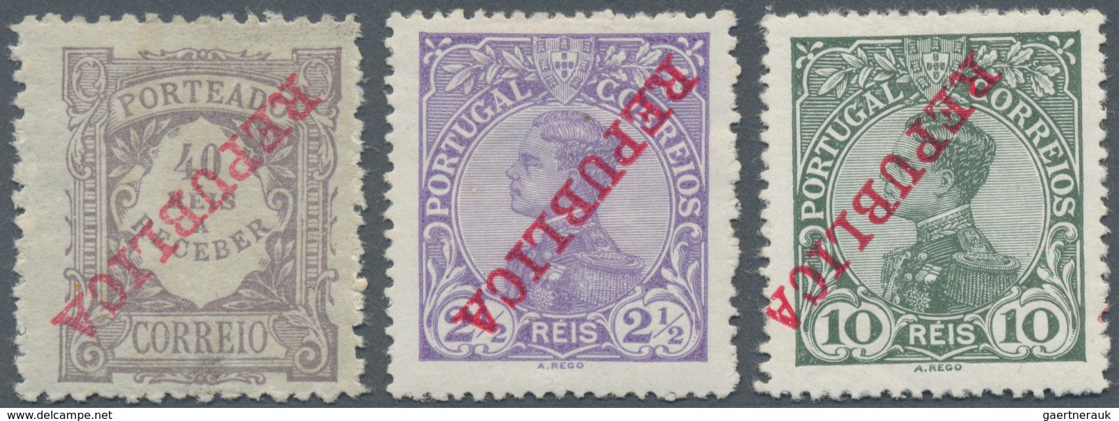 Portugal: Postage Stamps 2½ R And 10 R As Well As Postage Due Stamp 40 R With Inverted Overprint "RE - Sonstige & Ohne Zuordnung