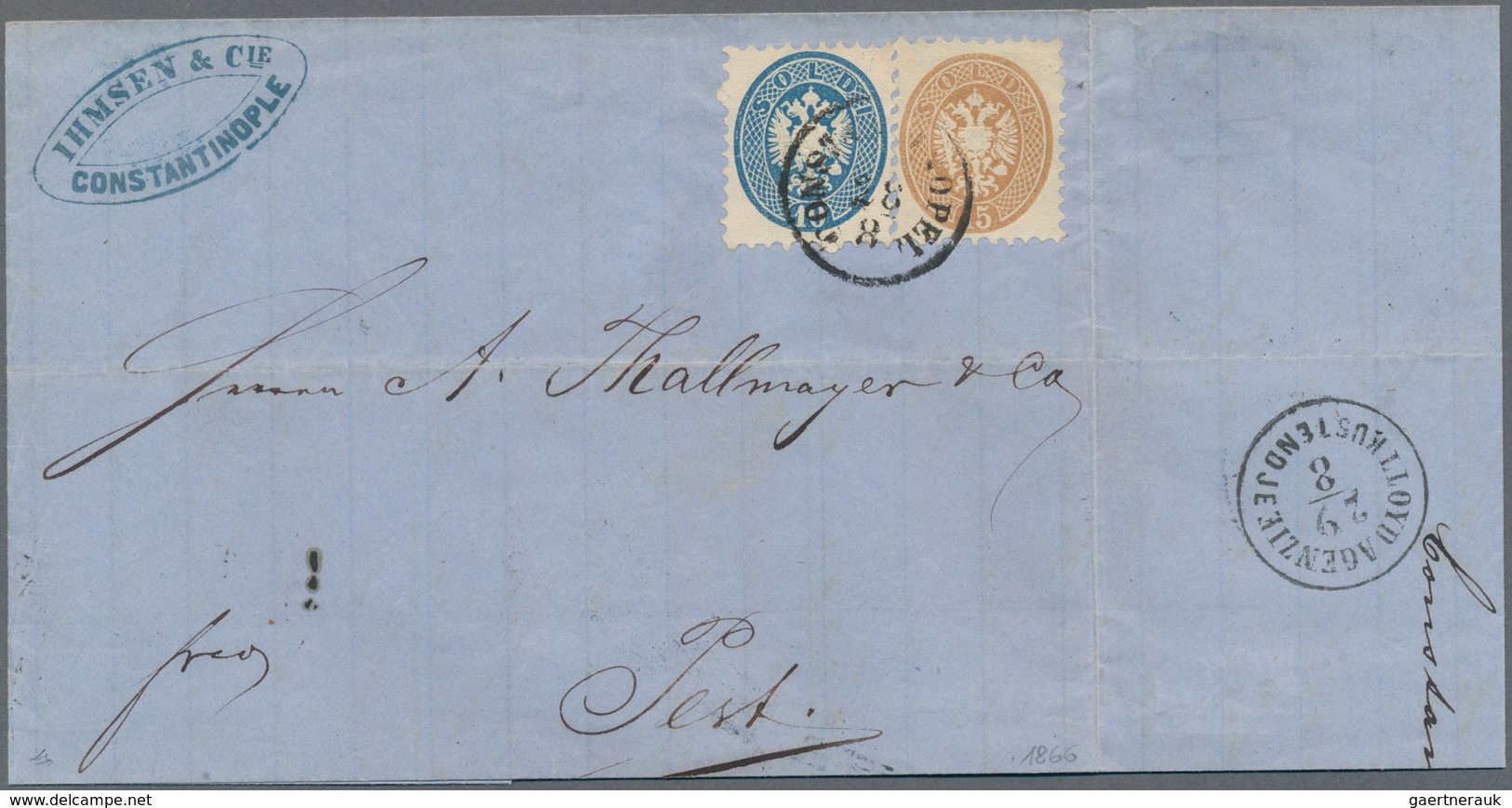 Rumänien: 1864: Austrian Levant Arms 10 S. Blue And 15 S. Brown, Perf. 9½, Very Fine Used On 1866 Co - Covers & Documents