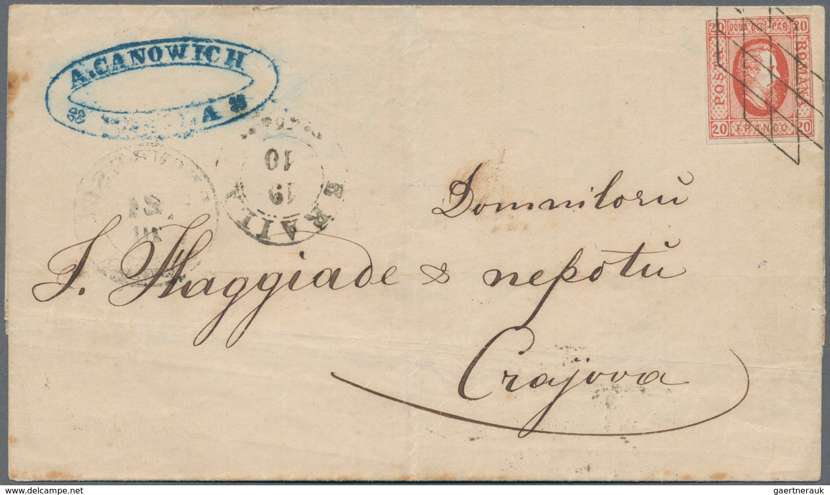 Rumänien: 1865 'Prince Cuza' 20p. Scarlet Used On Folded Cover From Braila To Craiova, Tied By Brail - Covers & Documents