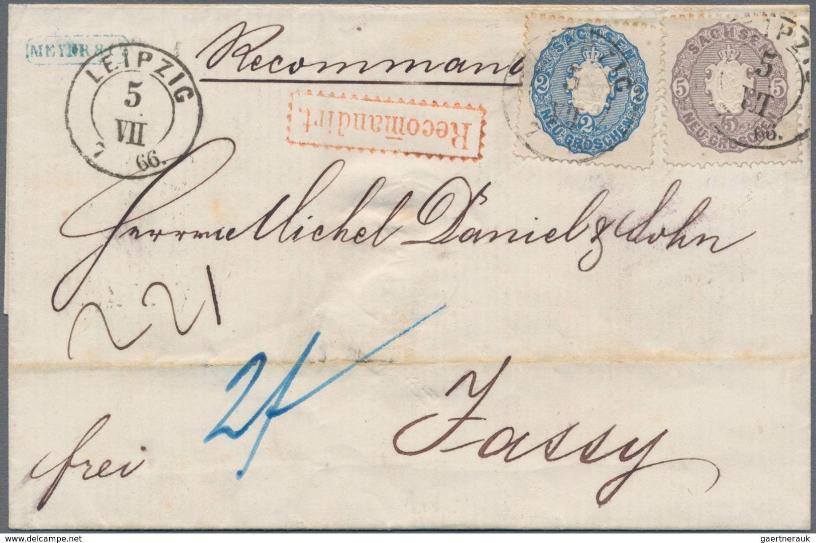 Rumänien: 1866, INCOMING MAIL: Saxony 5 Ngr. Deep Grey-violet And 2 Ngr. Blue With Double Cds "LEIPZ - Covers & Documents