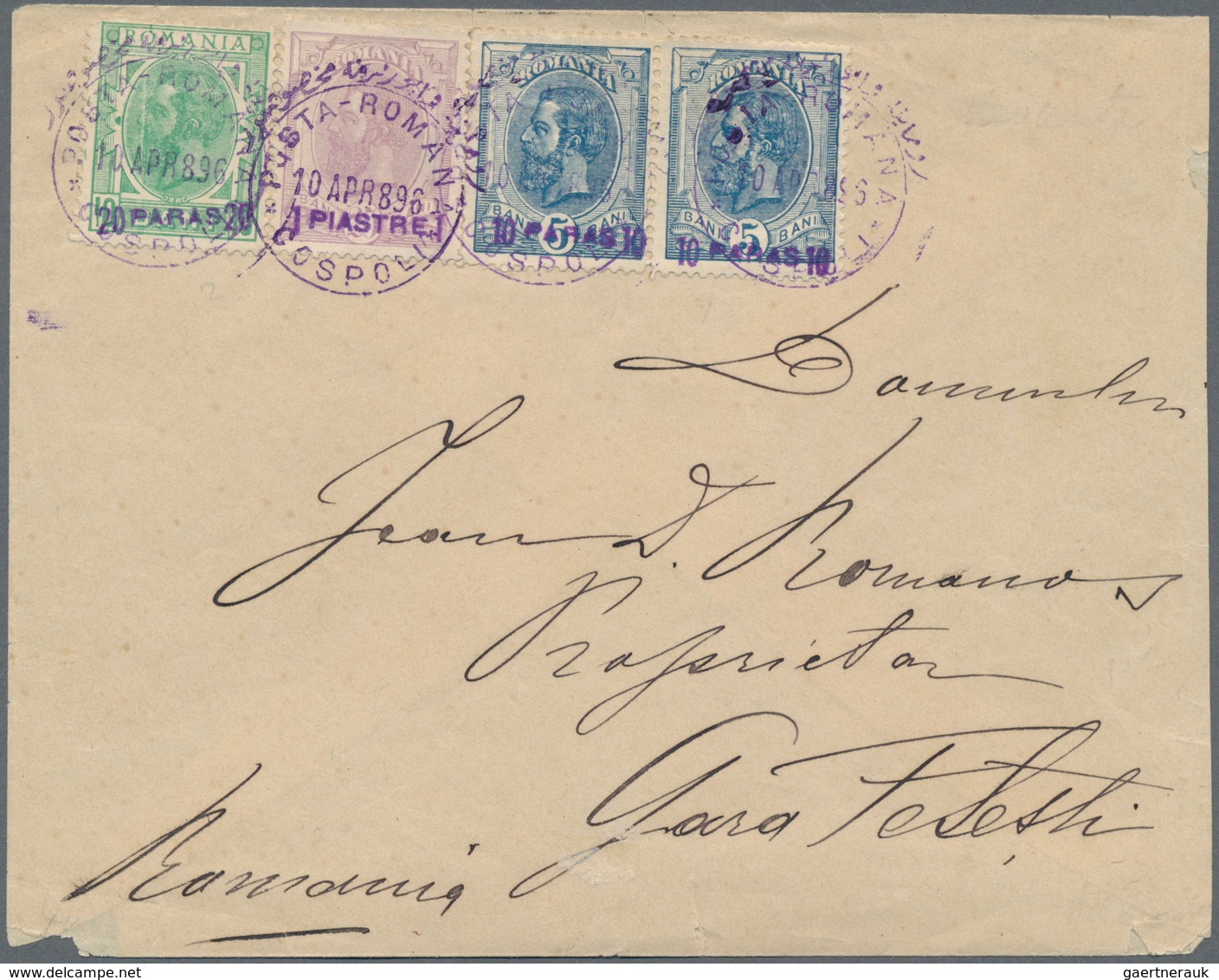 Rumänien - Rumänische Post In Der Levante: 1896, 2 X 10 Pa On 5 B Blue, 20 Pa On 10 B Green And 1 Pi - Levant (Turkey)