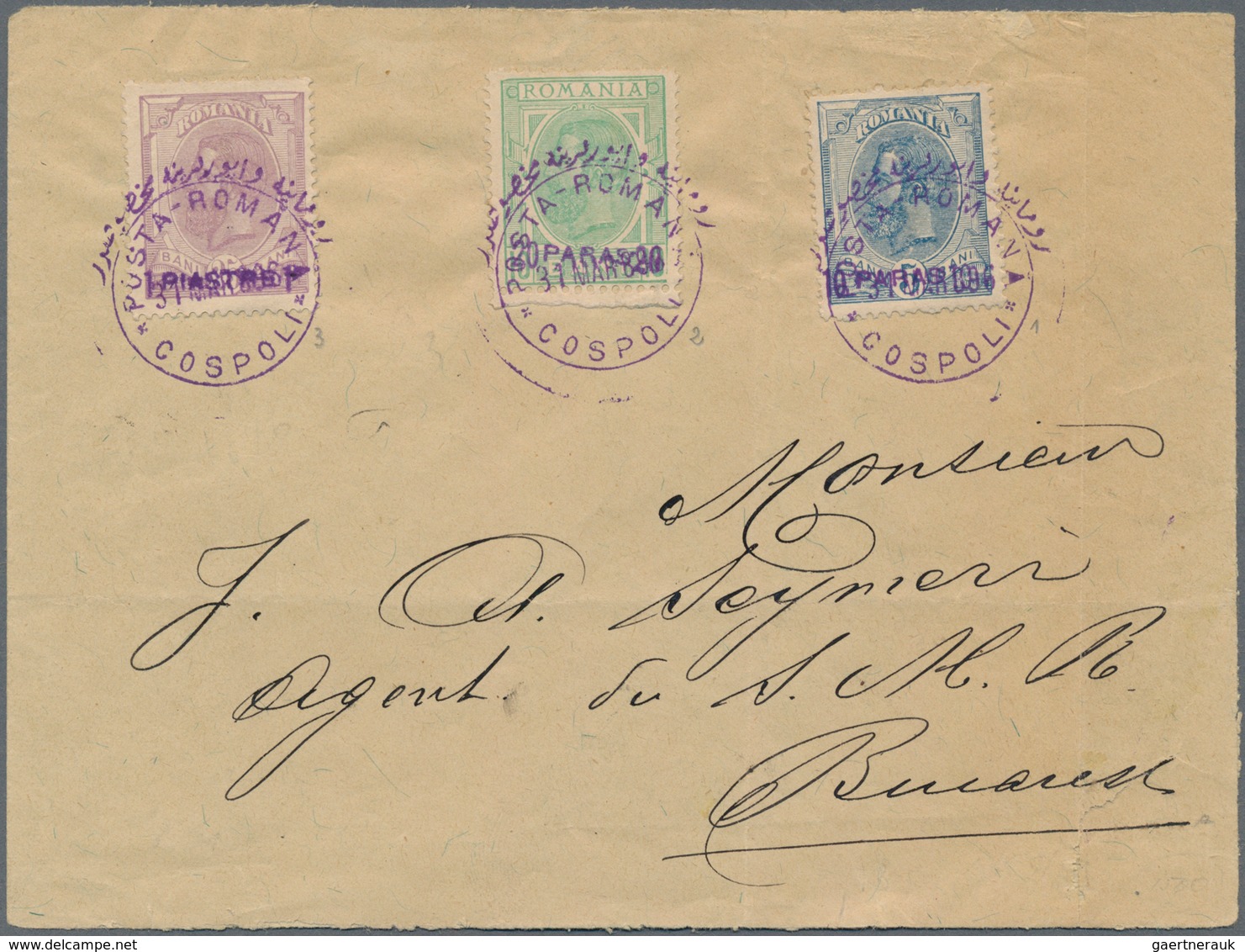 Rumänien - Rumänische Post In Der Levante: 1896, 2 X 10 Pa On 5 B Blue, 20 Pa On 10 B Green And 1 Pi - Levant (Turkey)