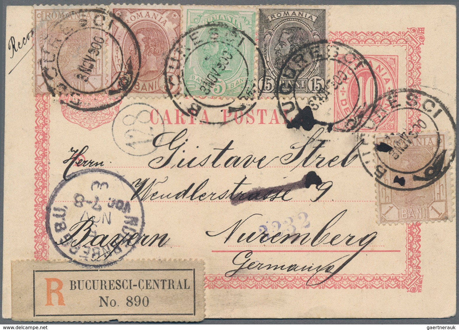 Rumänien - Ganzsachen: 1900, Postal Stationery Card 10b. Used Registered From Bucarest To Nuernberg, - Postal Stationery