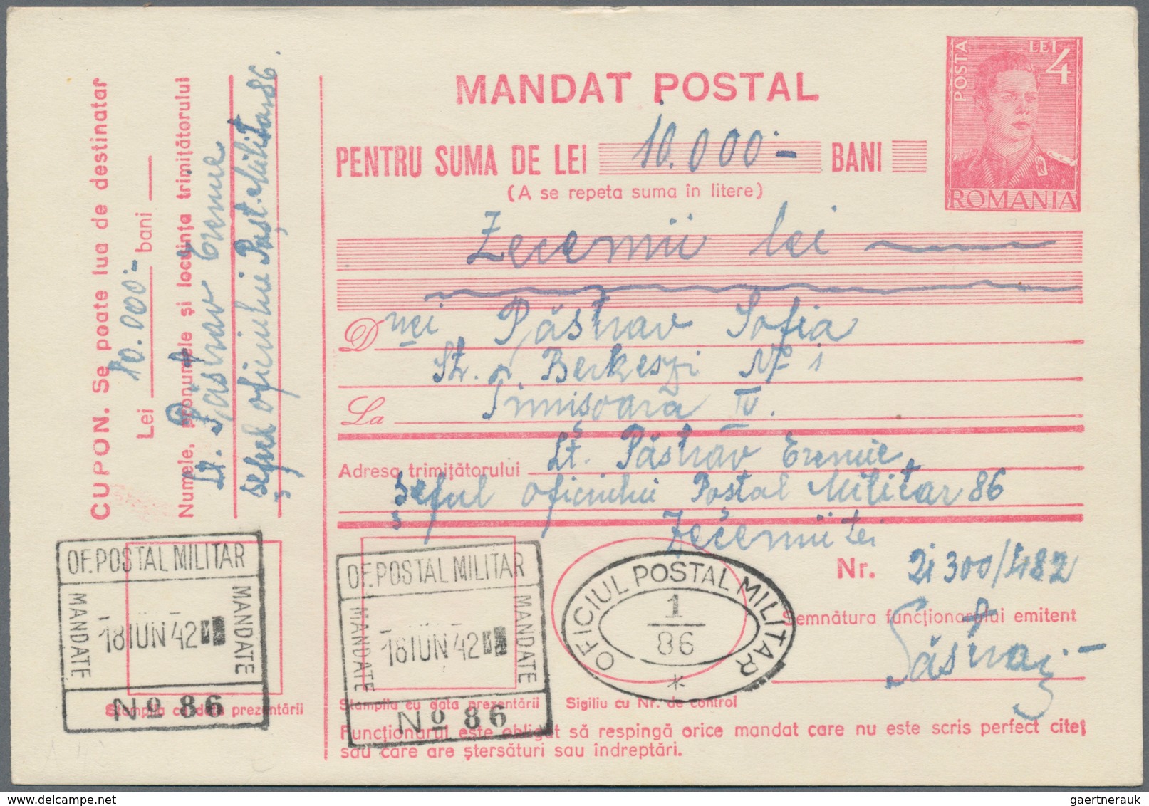 Rumänien - Ganzsachen: 1942, "10.000 Lei" Money Order 4l. Rose Used With "OFICIUL POSTAL MILITAR 18. - Ganzsachen