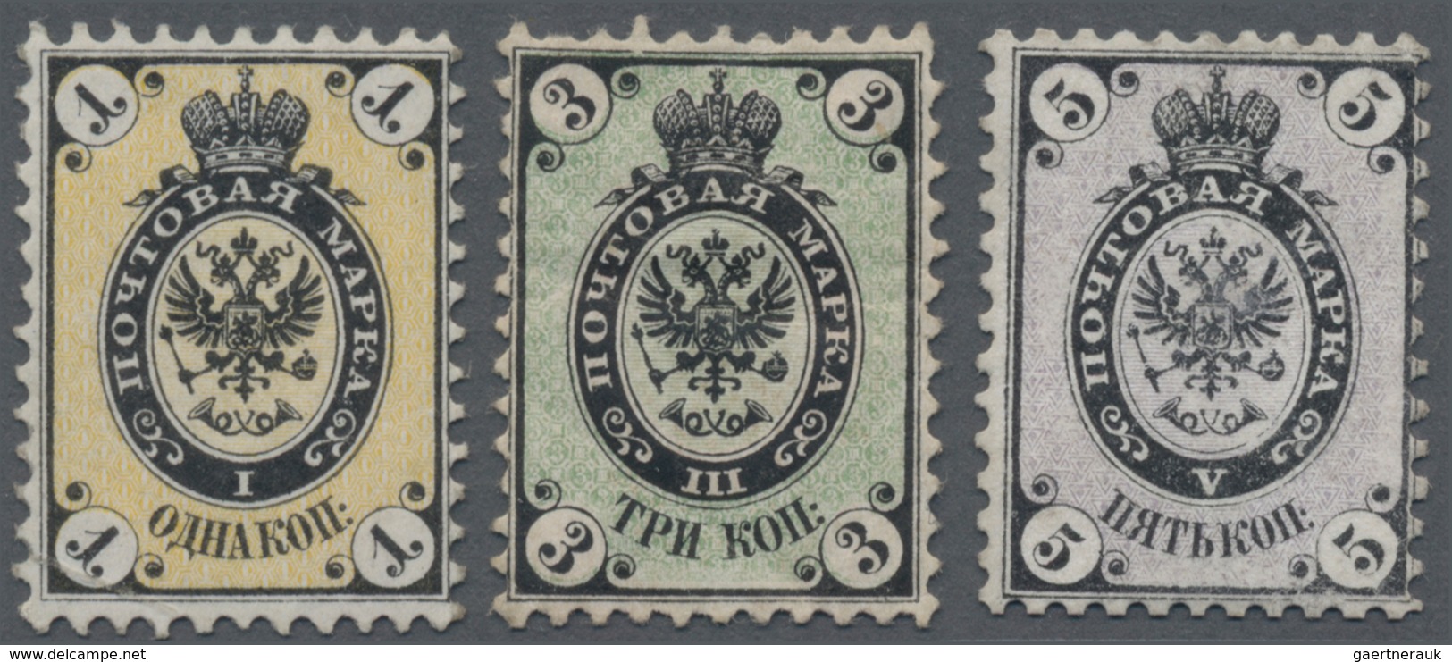 Russland: 1864 Set Of Three, Perf 12¼x12½, No Watermark, Mint With 1k. And 3k. Lightly Hinged, 5k. N - Usados