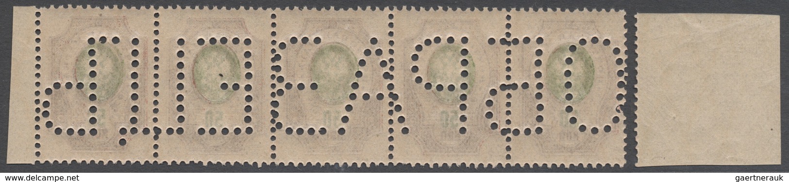 Russland: 1908, 50 K Brown Lilac/green Stripe Of Five With Letter Perforation ("specimen"). - Used Stamps