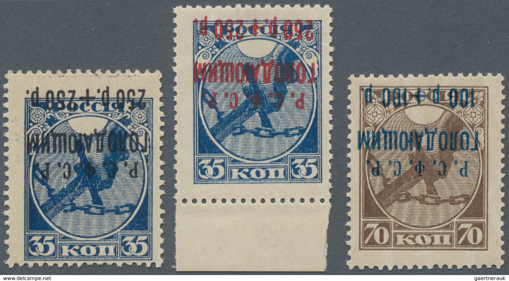 Russland: 1922 'Volga Relief' 100+100r. On 70k. With Ovpt. In Blue And Two Singles 250+250r. On 35k. - Used Stamps