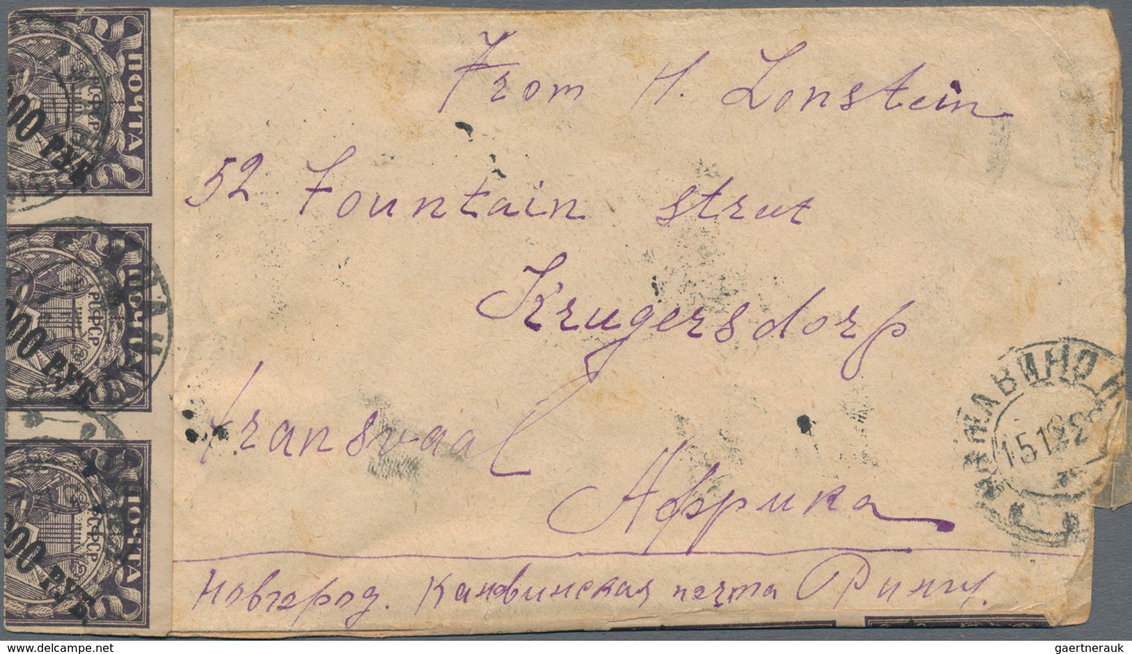 Russland: 1922 (15.12.), Letter From Kanawino (Novgorod Region) To Krügersdorp (Transvaal) With Mult - Gebraucht