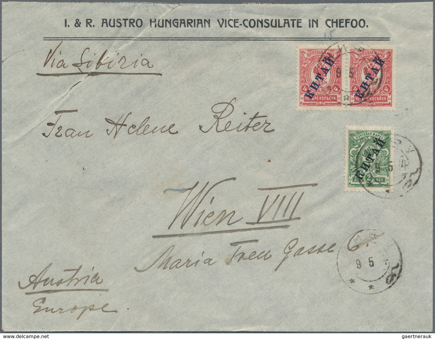 Russische Post In China: 1910, 2 K. Green And 4 K. Carmine (2, Blue Ovpt.) Tied "INKOU 9 5 14" To Co - China