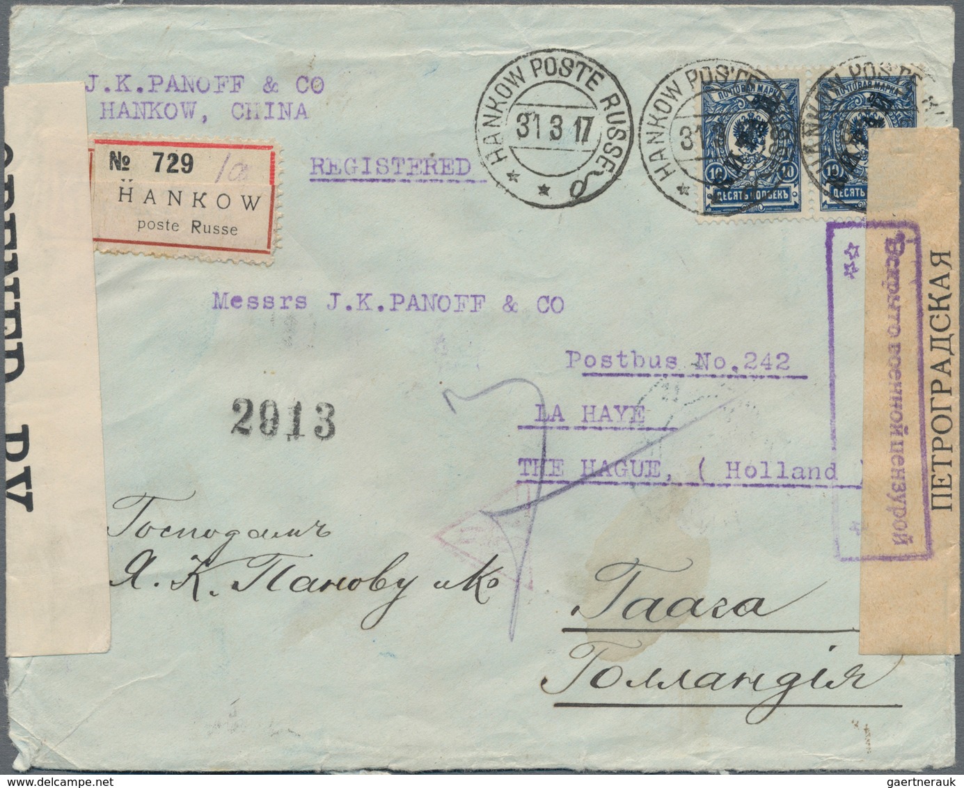 Russische Post In China: 1910, 10 K. Blue Horiz. Pair Tied "HANKOW POSTE RUSSE 31 3 17" To Registere - China