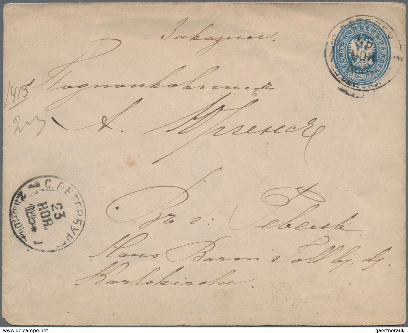 Russland - Ganzsachen: 1884, Commercially Used Postal Stationery Envelope 20 Kop. Blue On Cream, Sen - Stamped Stationery