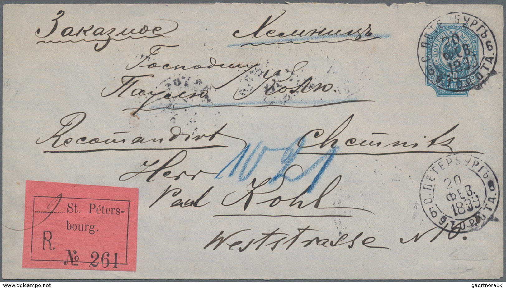 Russland - Ganzsachen: 1899, Commercially Used Postal Stationery Envelope 20 Kop Blue On Bluish Pape - Stamped Stationery