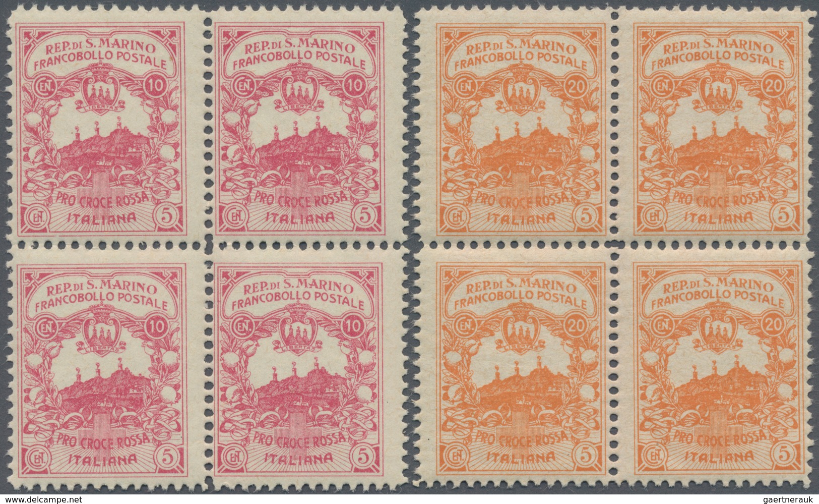 San Marino: 1916, UNISSUED RED CROSS Stamps 'Pro Croce Rossa' 10+5cent. Carmine And 20+5c. Orange Bo - Sonstige & Ohne Zuordnung