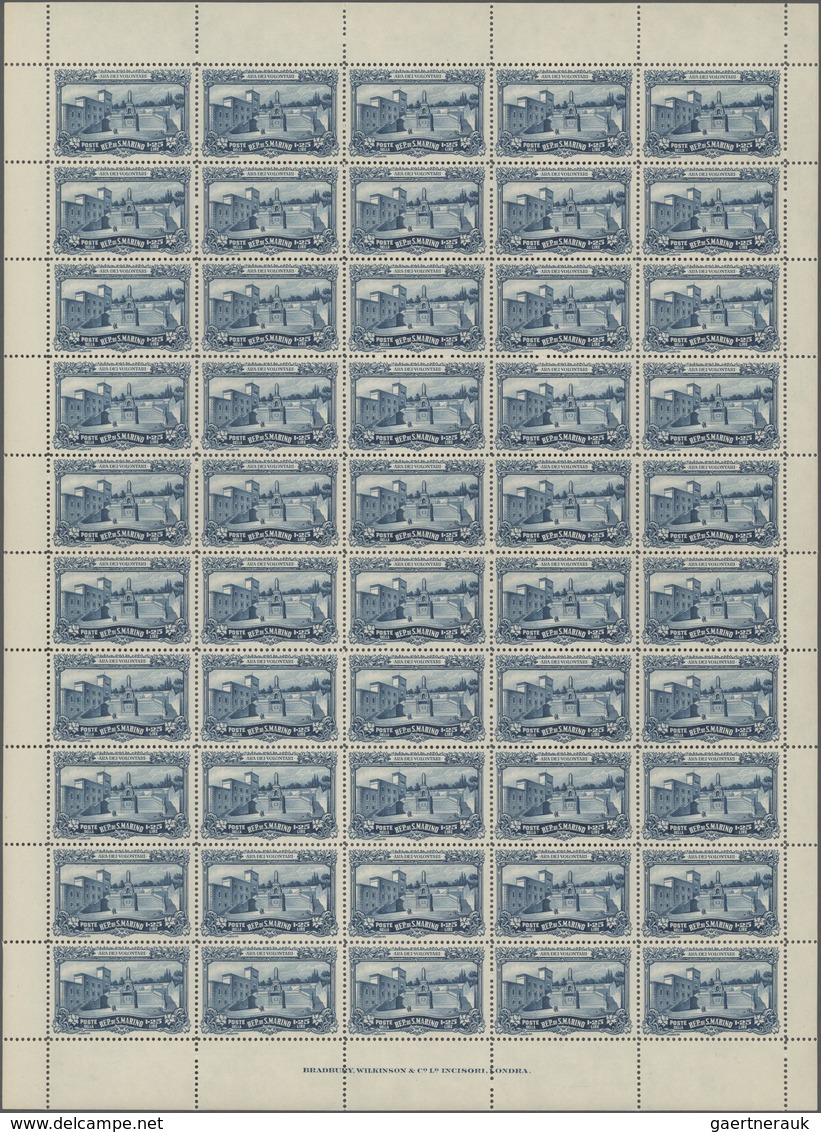 San Marino: 1927, War Memorial Complete Set Of Three In Complete Folded Sheets With 50 Sets And Impr - Sonstige & Ohne Zuordnung