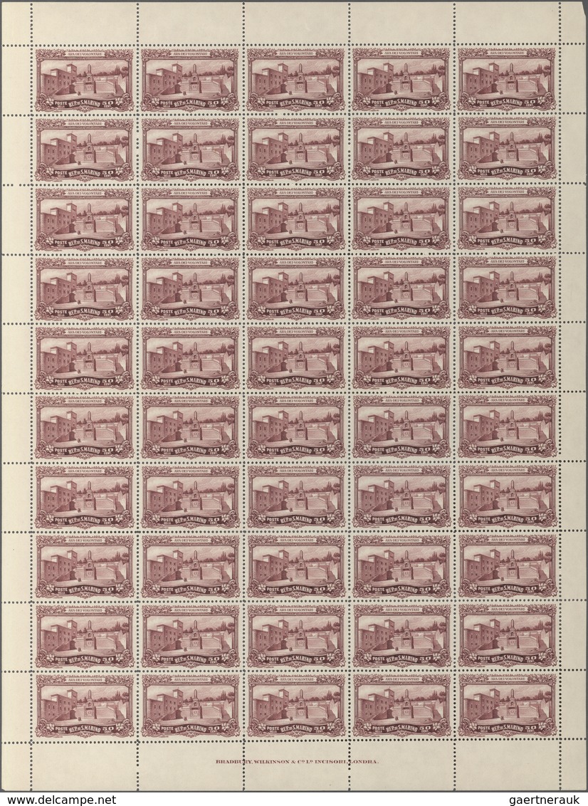 San Marino: 1927, War Memorial Complete Set Of Three In Complete Folded Sheets With 50 Sets And Impr - Other & Unclassified