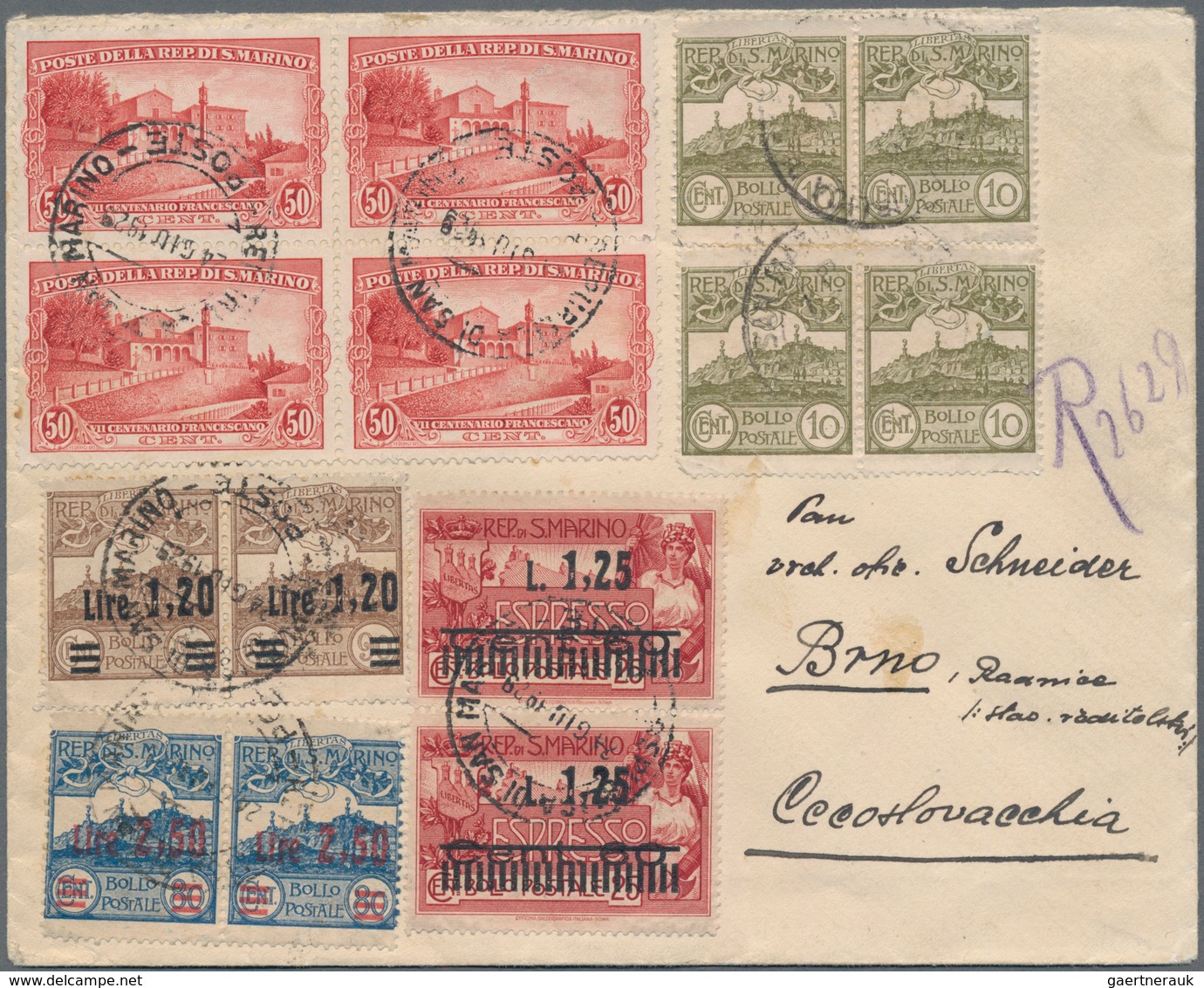San Marino: 1929, Attractive Franking On Registered Cover 24.6. To Brno/Czechoslovakia With Four Ita - Sonstige & Ohne Zuordnung