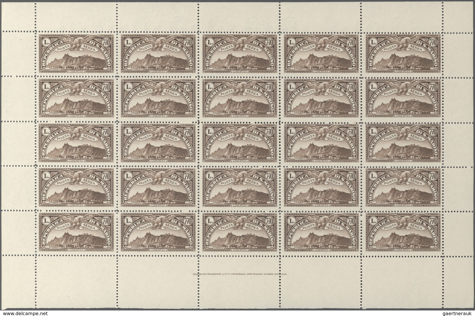 San Marino: 1931, Airmail Stamp 'Monte Titano' 7.70l. Brown Complete Folded Sheet With 25 Stamps And - Sonstige & Ohne Zuordnung