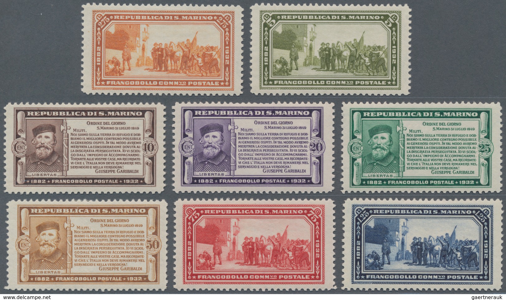 San Marino: 1932. Complete Set "50th Anniversary Of The Death Of Giuseppe Garibaldi" (8 Values). Min - Other & Unclassified