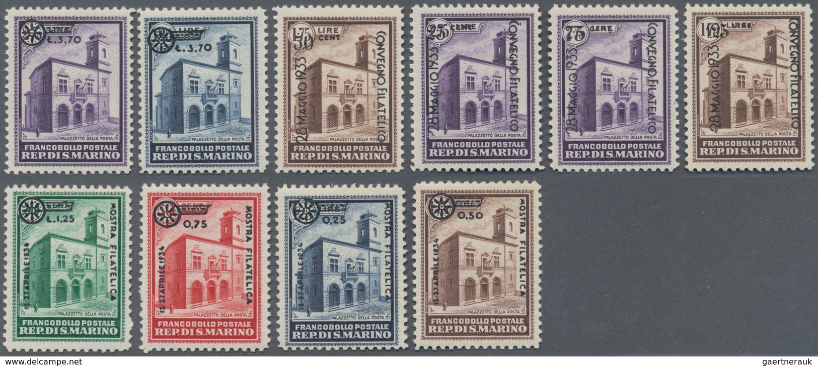 San Marino: 1933/1934, Overprints. Sassone 176/185 Mint Never Hinged. Catalogue Value 2300 € - Other & Unclassified