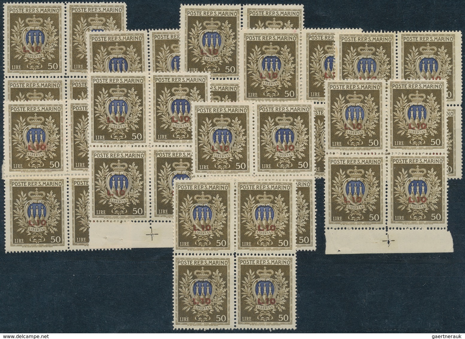 San Marino: 1946, Welfare, 10 X Block Of Four Sassone 297 Mint Never Hinged. Catalogue Value 2500.- - Other & Unclassified