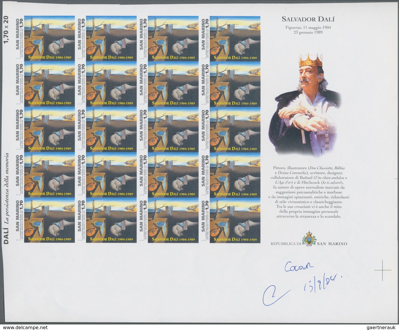 San Marino: 2004, Paintings, 1.70€ "Salvador Dali", IMPERFORATE Proof Sheet Of 20 Stamps With Orname - Other & Unclassified