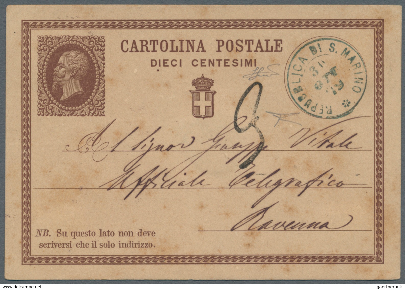 San Marino - Ganzsachen: 1879: Italian Postal Stationery 10 Centesimi Brown Used In SAN MARINO With - Postal Stationery