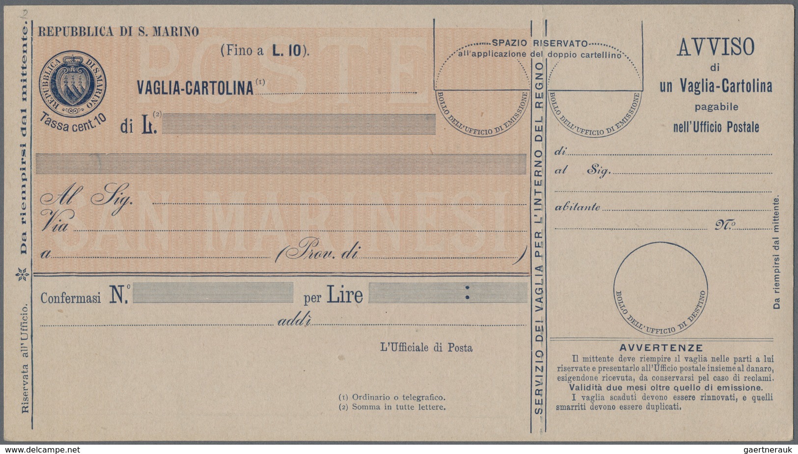 San Marino - Ganzsachen: 1903. Money Order Postal Stationeries, 05 C - 80 C, Complete Set Of Six Min - Postal Stationery