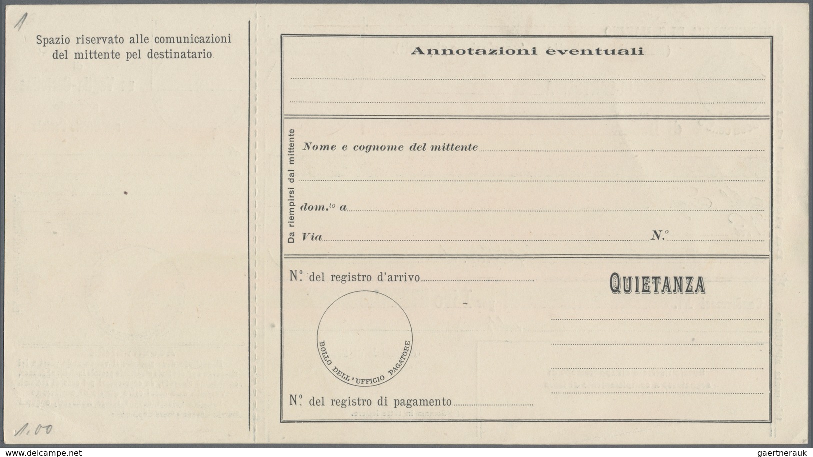 San Marino - Ganzsachen: 1903. Money order postal stationeries, 05 c - 80 c, complete set of six min