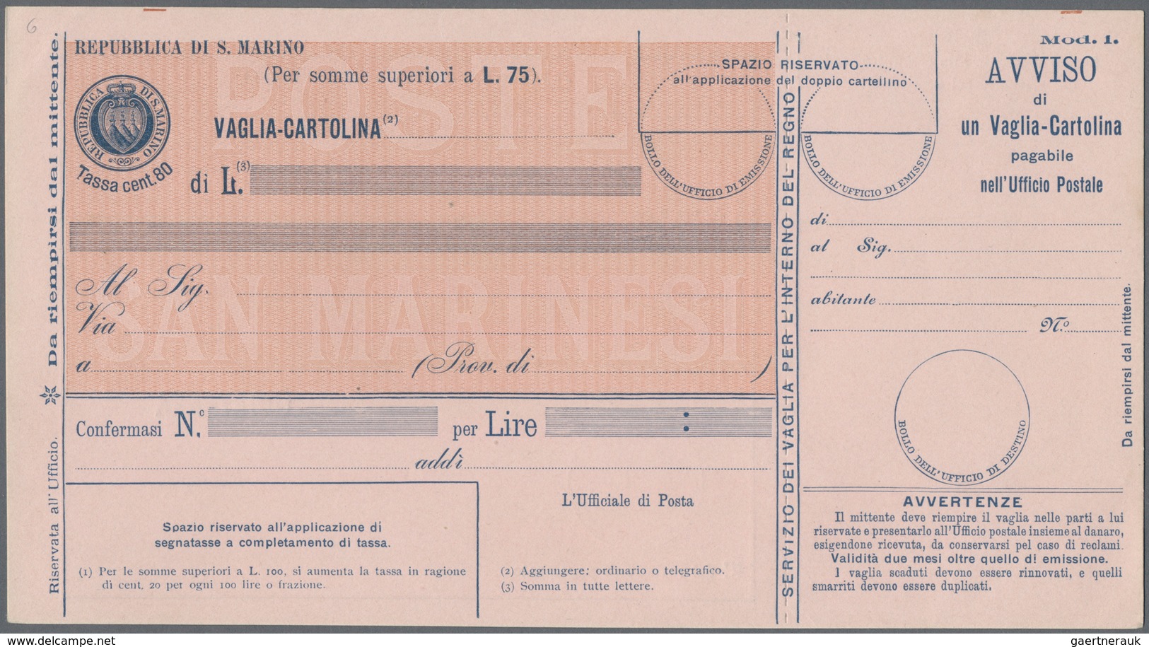 San Marino - Ganzsachen: 1903. Money order postal stationeries, 05 c - 80 c, complete set of six min