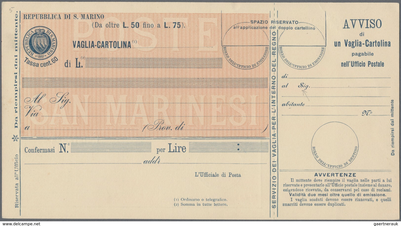 San Marino - Ganzsachen: 1903. Money order postal stationeries, 05 c - 80 c, complete set of six min