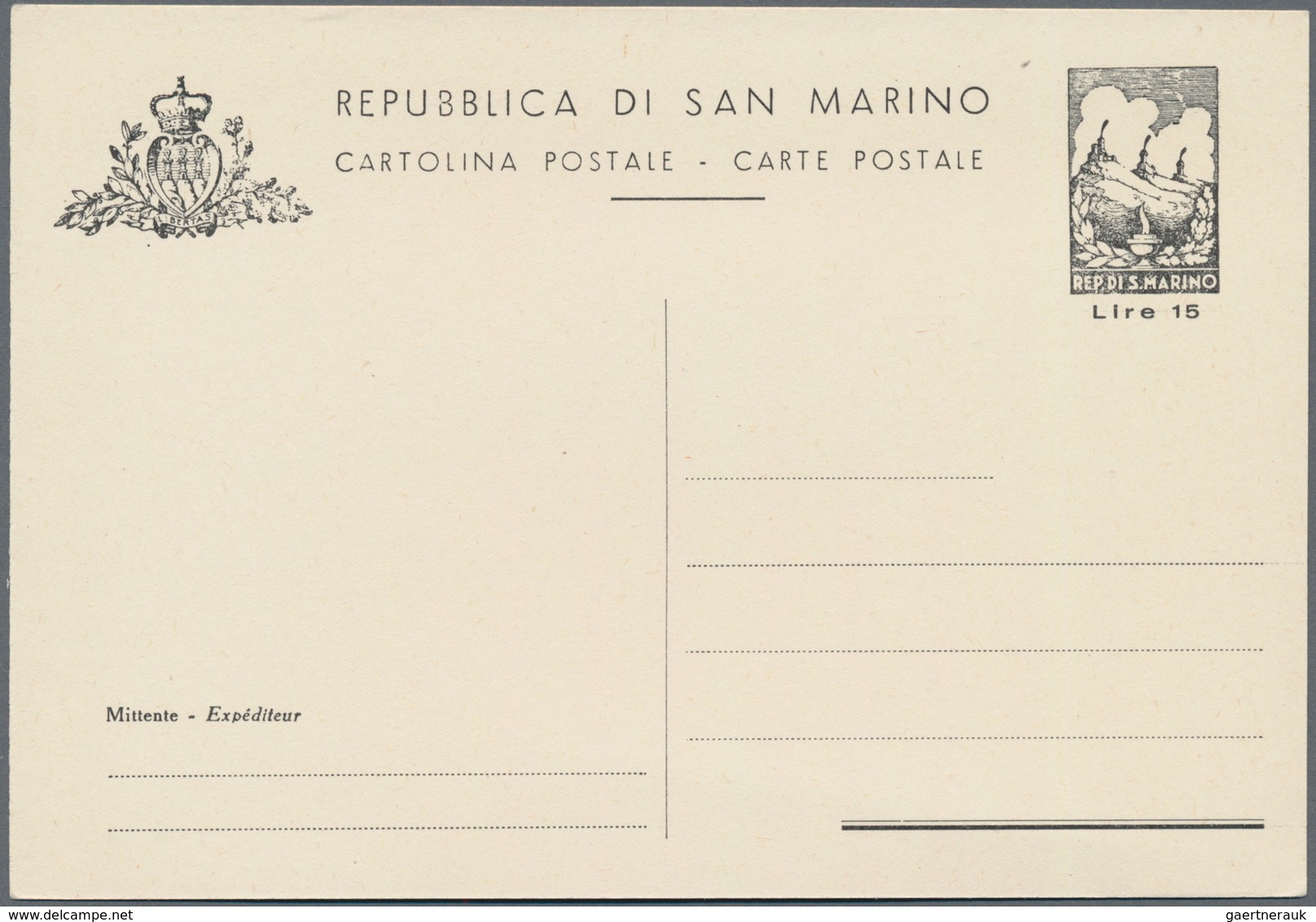 San Marino - Ganzsachen: 1949/1951: 15 L Black And 20 L Black Postal Stationery Cards, Each Fine Min - Postal Stationery