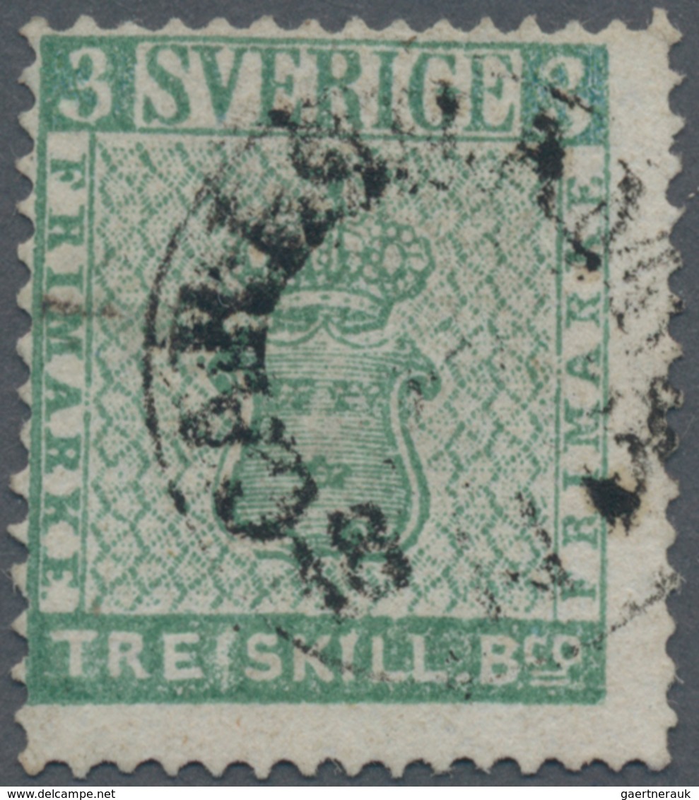 Schweden: 1855 TRE SKILL. Bco. Blue-green, Perf 14, Used And Cancelled By CARLSHAMN C.d.s., With Sli - Used Stamps