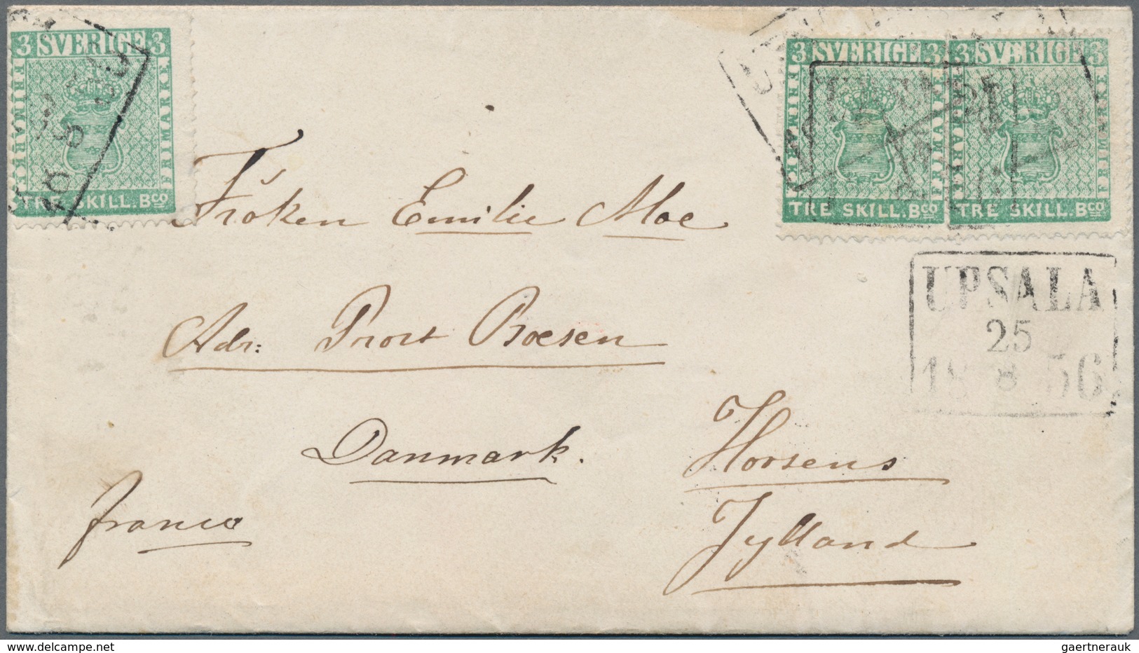 Schweden: 1855: Three Singles Of 3 Skill. Bco. Bluish Green Used On Cover From Upsala To DENMARK, As - Used Stamps